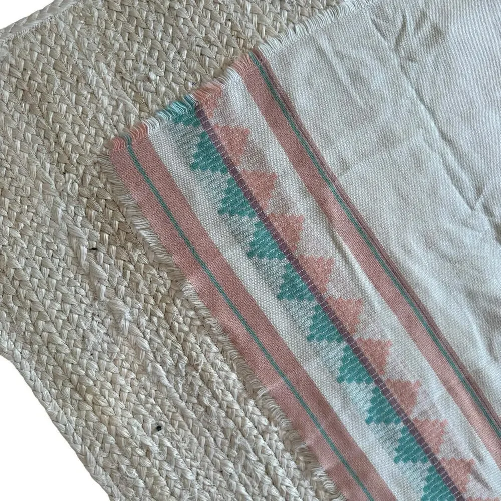 Tablecloth Napkin Set 84”x57” Aztec Striped Peach Aqua Mid Century Fringe